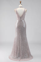 Load image into Gallery viewer, Sparkly Dark Silver Mermaid V-Neck Long Sequin Formal Dress with Slit