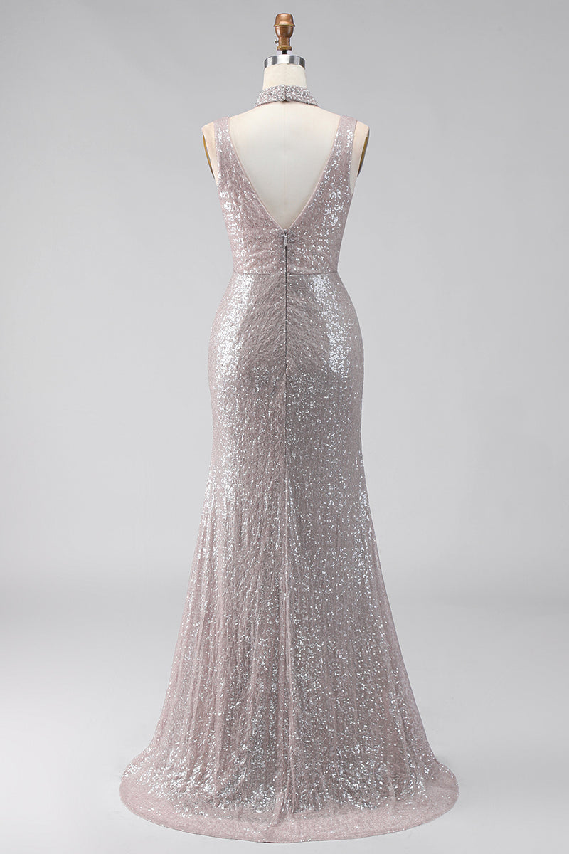Load image into Gallery viewer, Sparkly Dark Silver Mermaid V-Neck Long Sequin Formal Dress with Slit