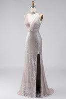 Load image into Gallery viewer, Sparkly Dark Silver Mermaid V-Neck Long Sequin Formal Dress with Slit
