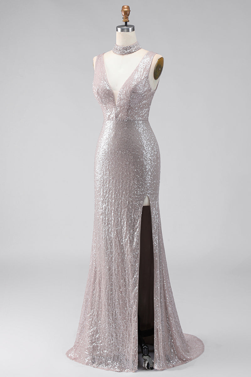 Load image into Gallery viewer, Sparkly Dark Silver Mermaid V-Neck Long Sequin Formal Dress with Slit