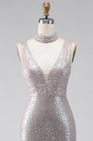 Load image into Gallery viewer, Sparkly Dark Silver Mermaid V-Neck Long Sequin Formal Dress with Slit