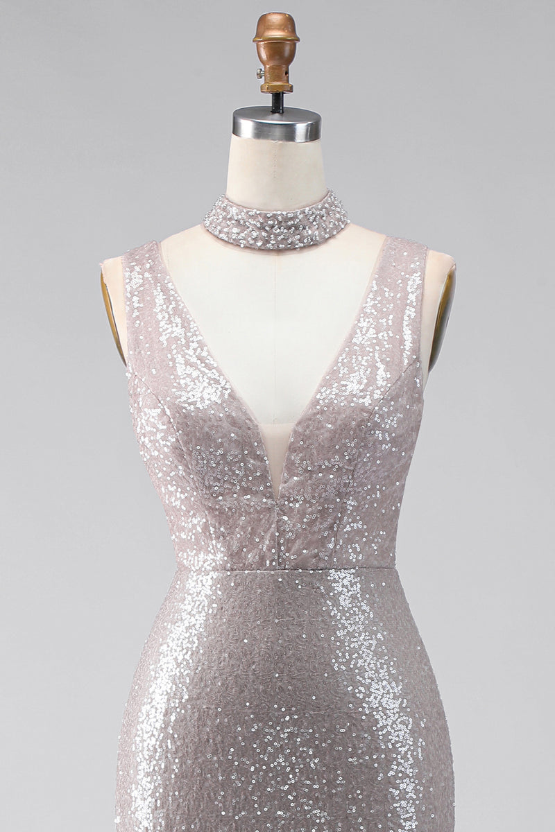 Load image into Gallery viewer, Sparkly Dark Silver Mermaid V-Neck Long Sequin Formal Dress with Slit