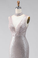 Load image into Gallery viewer, Sparkly Dark Silver Mermaid V-Neck Long Sequin Formal Dress with Slit