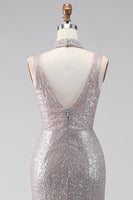 Load image into Gallery viewer, Sparkly Dark Silver Mermaid V-Neck Long Sequin Formal Dress with Slit