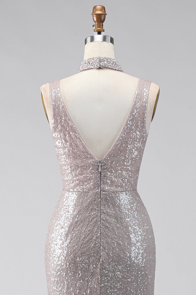 Load image into Gallery viewer, Sparkly Dark Silver Mermaid V-Neck Long Sequin Formal Dress with Slit