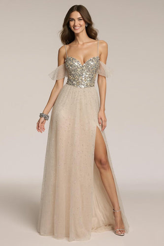 Sparkly Champagne Sequin Spaghetti Straps A-Line Long Formal Dress with Slit