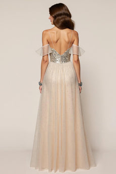 Sparkly Champagne Sequin Spaghetti Straps A-Line Long Formal Dress with Slit
