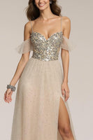 Load image into Gallery viewer, Sparkly Champagne Sequin Spaghetti Straps A-Line Long Formal Dress with Slit