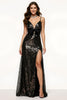 Load image into Gallery viewer, Sparkly Black Spaghetti Straps Mermaid Long Sequin Formal Dress with Bow