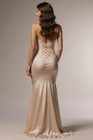 Load image into Gallery viewer, Champagne Mermaid Ruched Spaghetti Straps Long Formal Dress with Slit