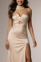 Load image into Gallery viewer, Champagne Mermaid Ruched Spaghetti Straps Long Formal Dress with Slit