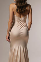 Load image into Gallery viewer, Champagne Mermaid Ruched Spaghetti Straps Long Formal Dress with Slit