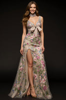Load image into Gallery viewer, Sparkly Champagne V-Neck Floral Mermaid Long Formal Dress with Beading