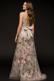 Sparkly Champagne V-Neck Floral Mermaid Long Formal Dress with Beading