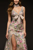 Load image into Gallery viewer, Sparkly Champagne V-Neck Floral Mermaid Long Formal Dress with Beading