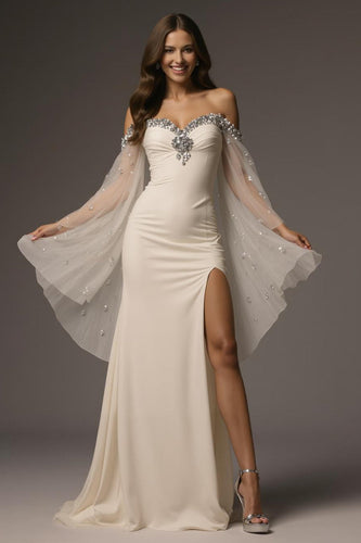 Sparkly Ivory Mermaid Off the Shoulder Long Formal Dress with Cape