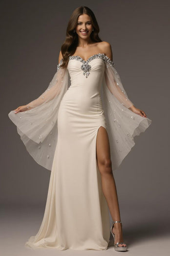 Sparkly Ivory Mermaid Off the Shoulder Long Formal Dress with Cape