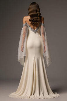Sparkly Ivory Mermaid Off the Shoulder Long Formal Dress with Cape