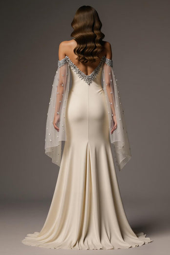 Sparkly Ivory Mermaid Off the Shoulder Long Formal Dress with Cape