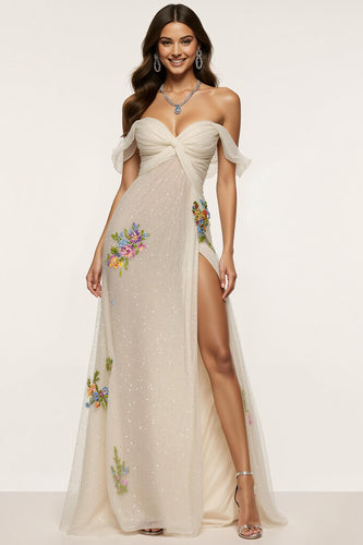 Sparkly Ivory Mermaid Floral Off the Shoulder Long Formal Dress with Slit