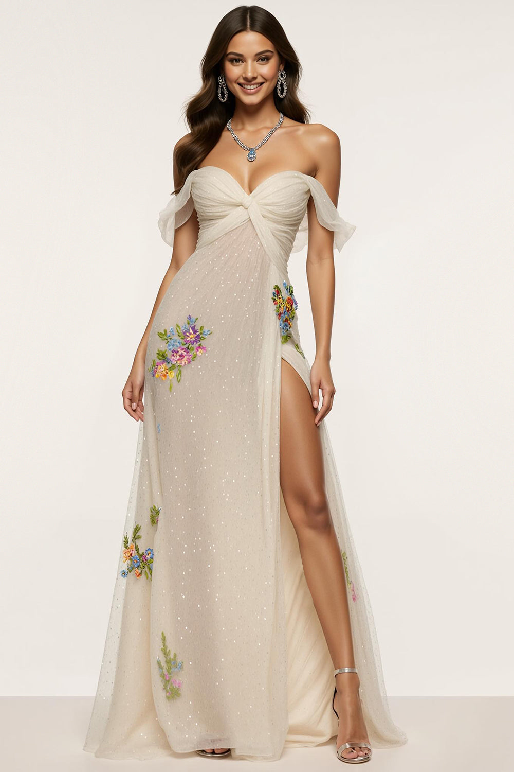 Sparkly Ivory Mermaid Floral Off the Shoulder Long Formal Dress with Slit