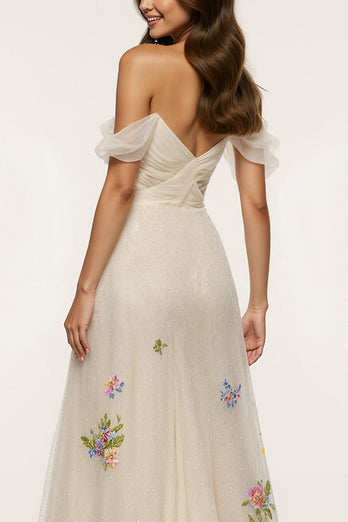 Sparkly Ivory Mermaid Floral Off the Shoulder Long Formal Dress with Slit