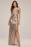 Load image into Gallery viewer, Sparkly Rose Golden Mermaid Spaghetti Straps Long Sequin Formal Dress with Slit