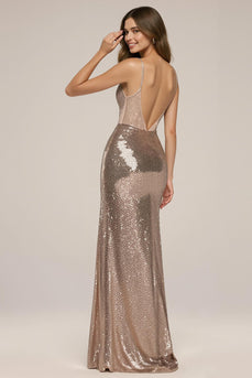 Sparkly Rose Golden Mermaid Spaghetti Straps Long Sequin Formal Dress with Slit