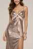 Load image into Gallery viewer, Sparkly Rose Golden Mermaid Spaghetti Straps Long Sequin Formal Dress with Slit