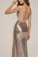 Load image into Gallery viewer, Sparkly Rose Golden Mermaid Spaghetti Straps Long Sequin Formal Dress with Slit