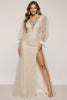 Load image into Gallery viewer, Sparkly Ivory V-Neck Long Sleeves Mermaid Long Sequin Formal Dress with Slit