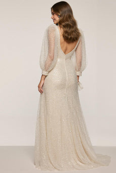 Sparkly Ivory V-Neck Long Sleeves Mermaid Long Sequin Formal Dress with Slit