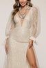Load image into Gallery viewer, Sparkly Ivory V-Neck Long Sleeves Mermaid Long Sequin Formal Dress with Slit