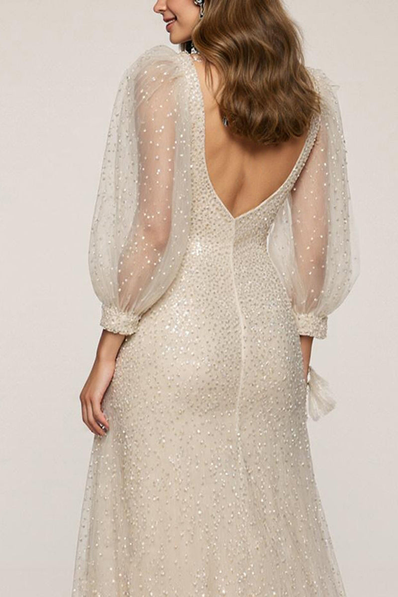 Load image into Gallery viewer, Sparkly Ivory V-Neck Long Sleeves Mermaid Long Sequin Formal Dress with Slit