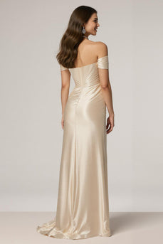 Champagne Satin Off the Shoulder Mermaid Ruched Long Formal Dress with Slit
