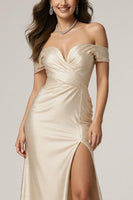 Load image into Gallery viewer, Champagne Satin Off the Shoulder Mermaid Ruched Long Formal Dress with Slit