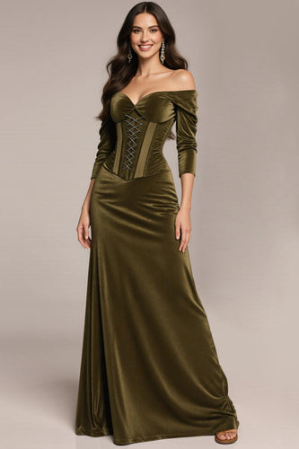 Green Velvet Off the Shoulder Long Corset Formal Dress with Sleeves