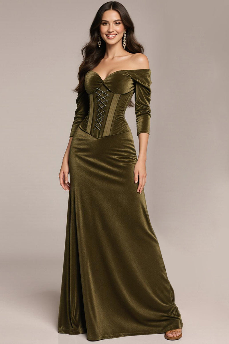 Load image into Gallery viewer, Green Velvet Off the Shoulder Long Corset Formal Dress with Sleeves