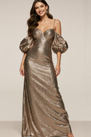 Load image into Gallery viewer, Sparkly Brown Cold Shoulder Mermaid Long Sequin Formal Dress with Sleeves