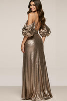 Load image into Gallery viewer, Sparkly Brown Cold Shoulder Mermaid Long Sequin Formal Dress with Sleeves