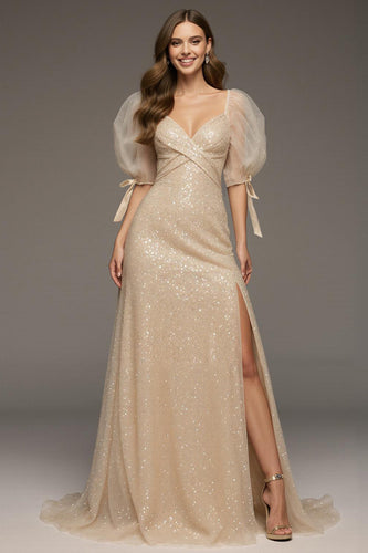 Sparkly Champagne Puff Sleeves Sequin Mermaid Long Formal Dress with Slit