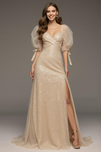 Sparkly Champagne Puff Sleeves Sequin Mermaid Long Formal Dress with Slit