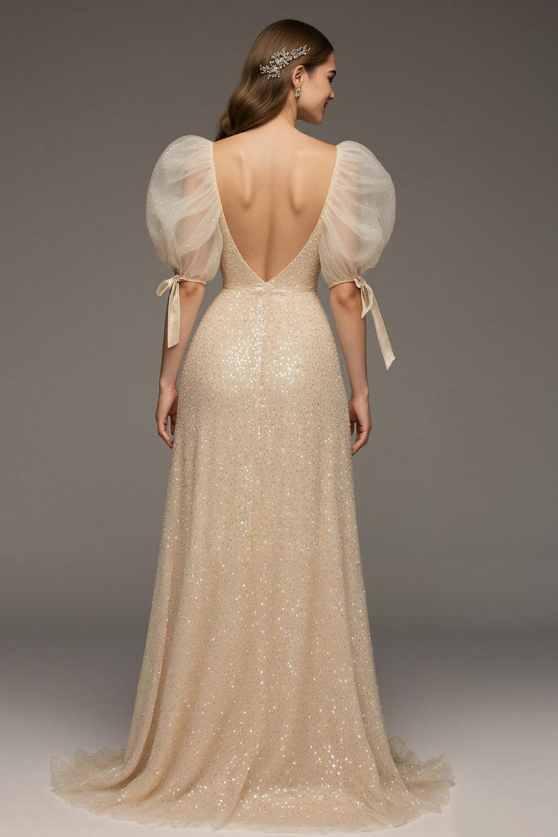 Load image into Gallery viewer, Sparkly Champagne Puff Sleeves Sequin Mermaid Long Formal Dress with Slit