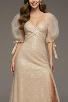 Load image into Gallery viewer, Sparkly Champagne Puff Sleeves Sequin Mermaid Long Formal Dress with Slit