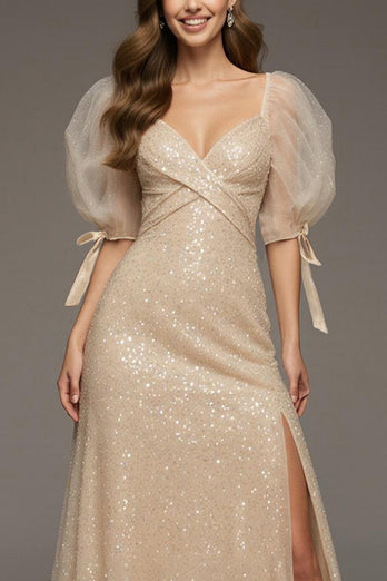 Sparkly Champagne Puff Sleeves Sequin Mermaid Long Formal Dress with Slit