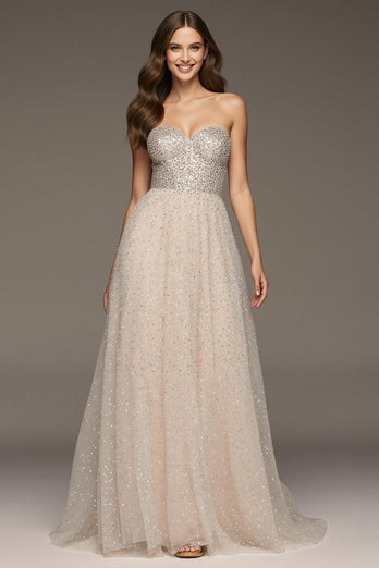 Sparkly Ivory A-Line Sweetheart Long Sequin Formal Dress