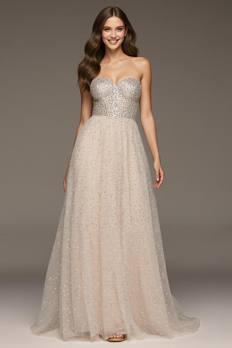 Load image into Gallery viewer, Sparkly Ivory A-Line Sweetheart Long Sequin Formal Dress