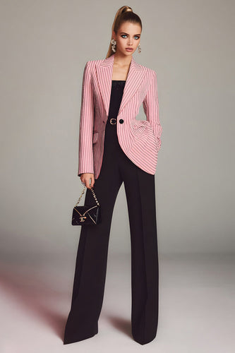 2 Piece Black Pink Peak Lapel Striped Long Sleeves Prom Suits with Pockets