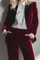 Load image into Gallery viewer, 2 Piece Burgundy Velvet Long Sleeves Prom Suits with Pockets