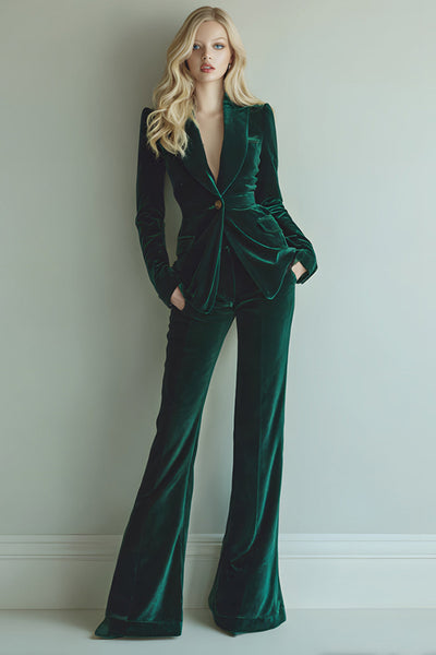Queendancer UK Women 2 Piece Dark Green Prom Suits with Pockets Velvet One Button Party Tuxedo with Sleeves